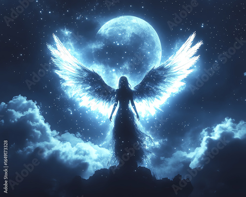 An ethereal figure with glowing wings stands against a starry night sky and full moon, radiating celestial beauty.