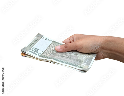 Εκτύπωση καμβά Hand holding a multiple 500 rupee note and few 200 rupee note below, isolated PNG, business, payment, cashflow