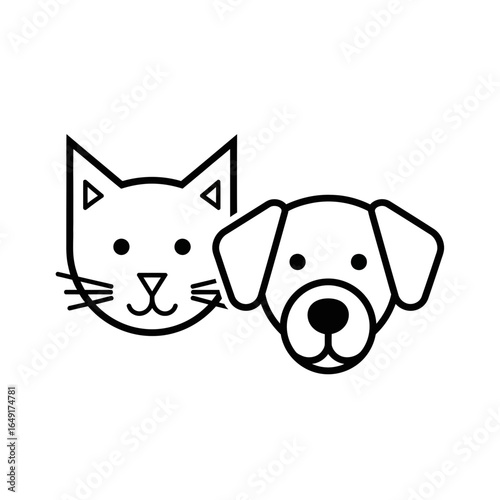Simple line art illustration of a cat and dog's faces side-by-side.