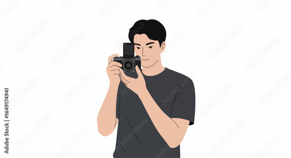 Young man taking photos with digital camera for creative project or social media content creation Young man taking photos with digital camera for creative project or social media content creation
