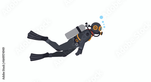 Explore underwater depths with vintage scuba diver in classic diving suit and bubbles, perfect for adventure themes
