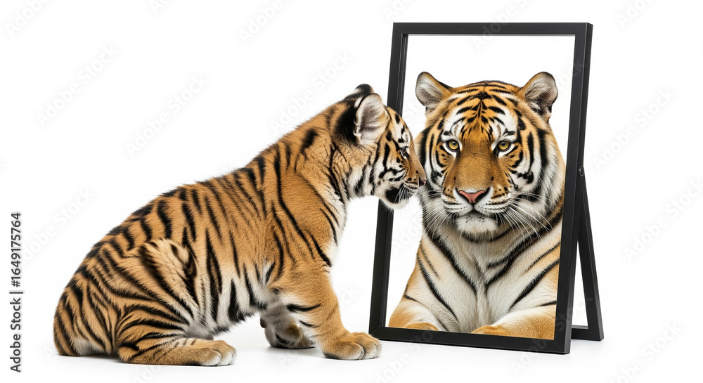 Obraz premium A tiger cub looking at its reflection in a black framed mirror on a white background in a studio