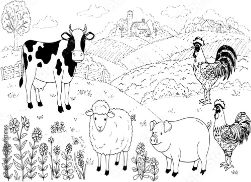 farm animals and rural landscape coloring vector for adults
