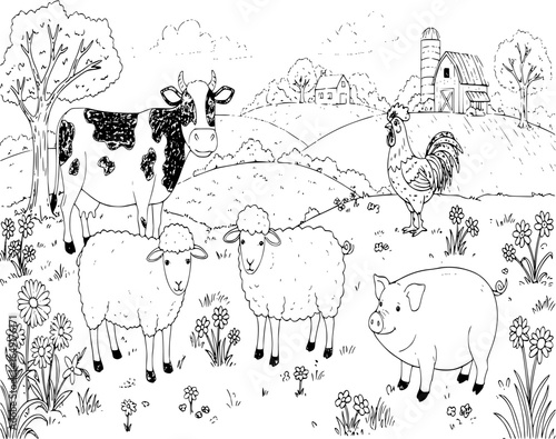farm animals and rural landscape coloring vector for adults
