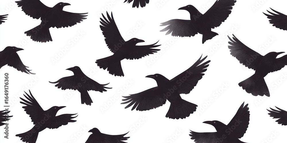 Fototapeta premium Silhouette of flying crows on a white background, creating a dynamic, scattered pattern