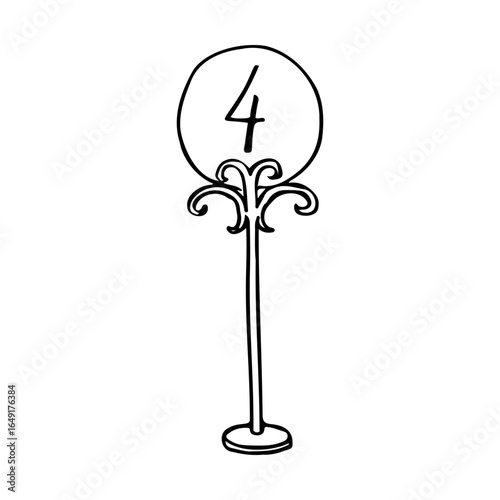 No. 4 on a round pendant on a long vintage stand, number four for guests – hand drawn line drawing