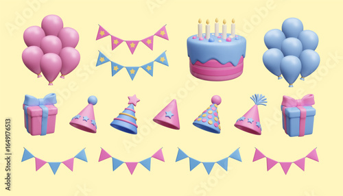 Pink and blue baby shower party decoration 3D icon set. Boy or girl gender reveal party set: birthday cake, inflated air balloons bunch, surprise gift box, flag garlands 3D style vector render set.
