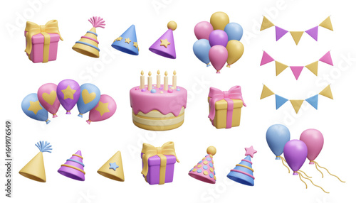 Happy Birthday party decoration 3D icon set. Colorful festive greeting birthday cake, party hat, present gift box, flag garland pennant, inflatable air balloons 3D render vector illustration set.