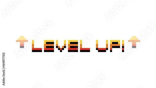 8-bit pixel art yellow and orange level up text with arrow on white background. looped animation 4k 30fps