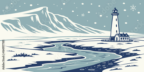 Aerial winter view of a melting Icelandic glacier vector illustration.