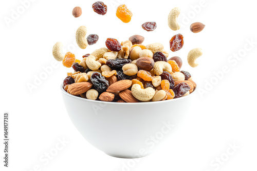 Mix nuts and dry fruits in a bowl with white background