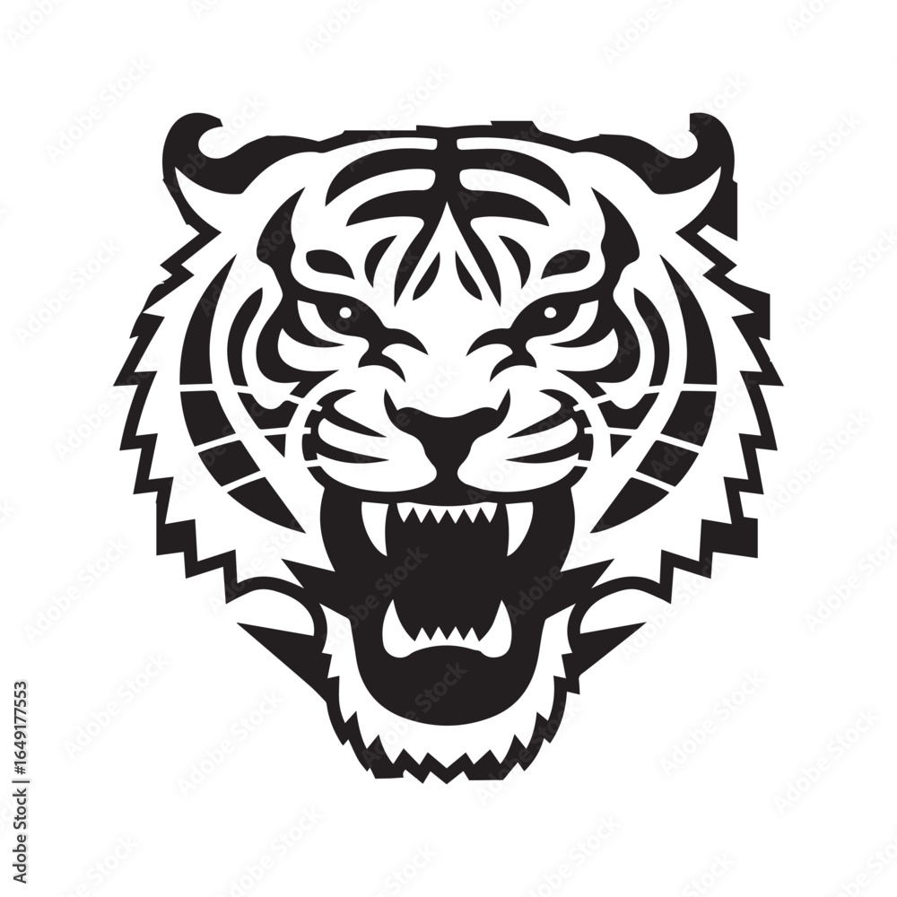 Fototapeta premium Black and white illustration of a roaring tiger's head in profile view. 