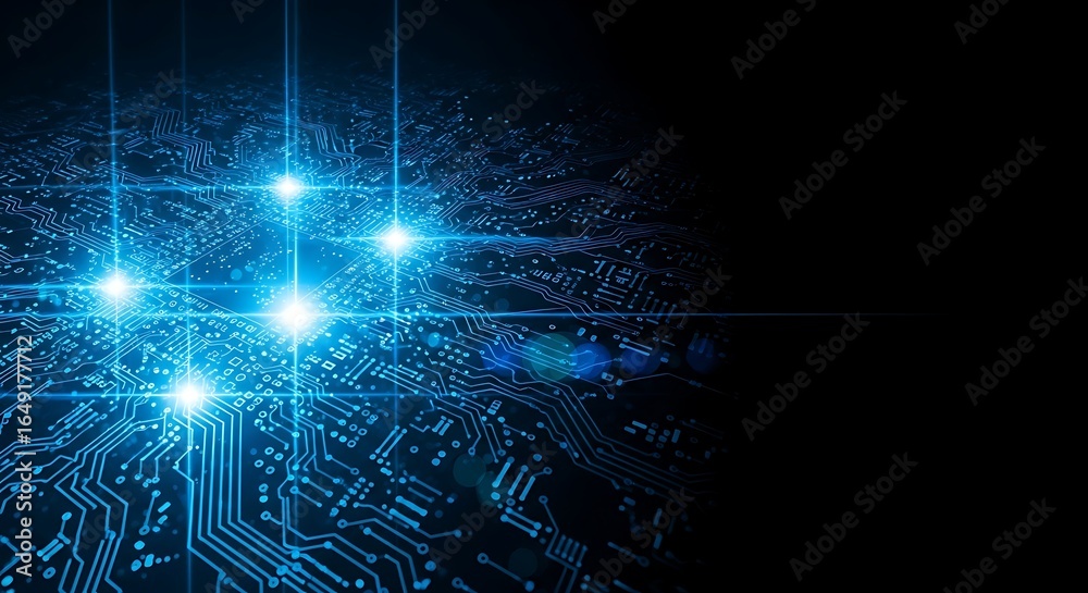 Obraz premium Close up of a glowing blue circuit board with bright lights and digital connections on a dark background