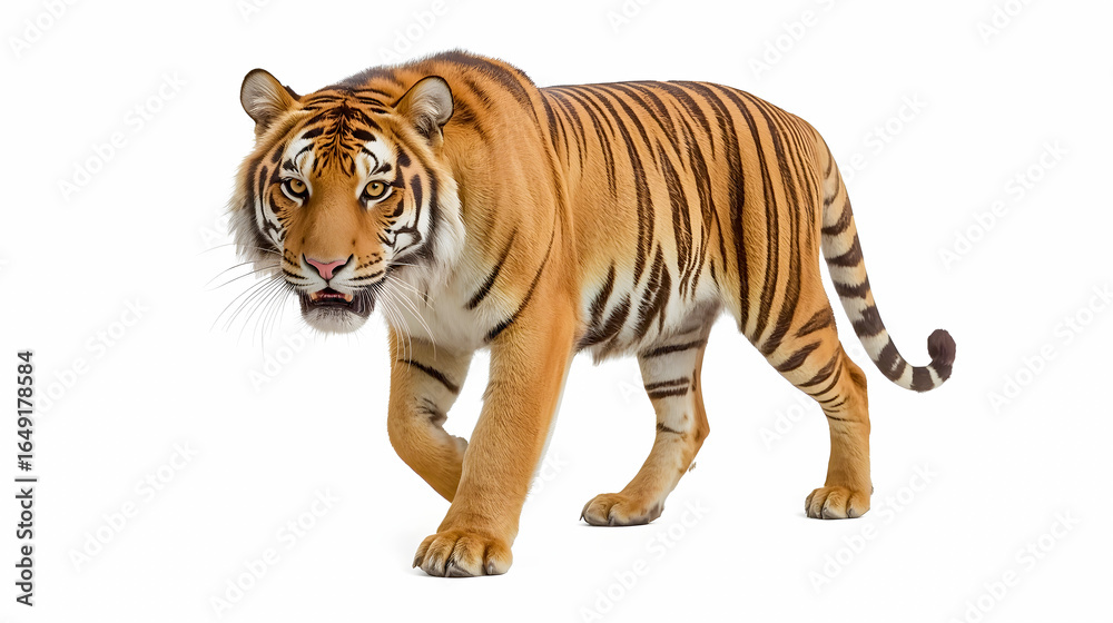 Obraz premium Majestic Bengal Tiger Isolated on White Background – Wildlife Predator Stock Photo