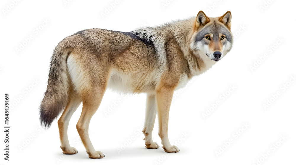 Obraz premium Gray Wolf Isolated on White Background – Wild Predator Stock Photo
