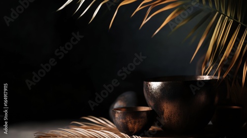 Dark spa setting with copper bowls and tropical palm shadow for wellness relaxation background concept
