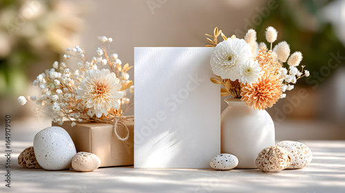 Elegant floral arrangement with soft pastel colors, blank card, and decorative stones, creating a serene atmosphere for design or greeting purposes. Selective focus