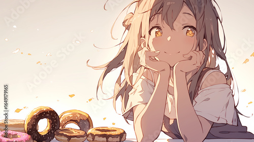 Smiling Anime Girl Gazing at Donuts in Warm Light