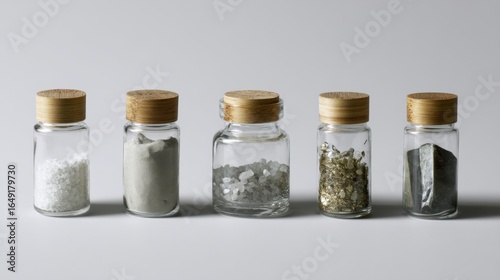 Fototapeta Naklejka Na Ścianę i Meble -  Collection of glass spice jars with cork lids on white surface for kitchen ingredient organization concept
