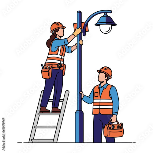 Illuminating the City: Two dedicated electricians working on a lamppost, showcasing their technical expertise in a clean, modern illustration. 