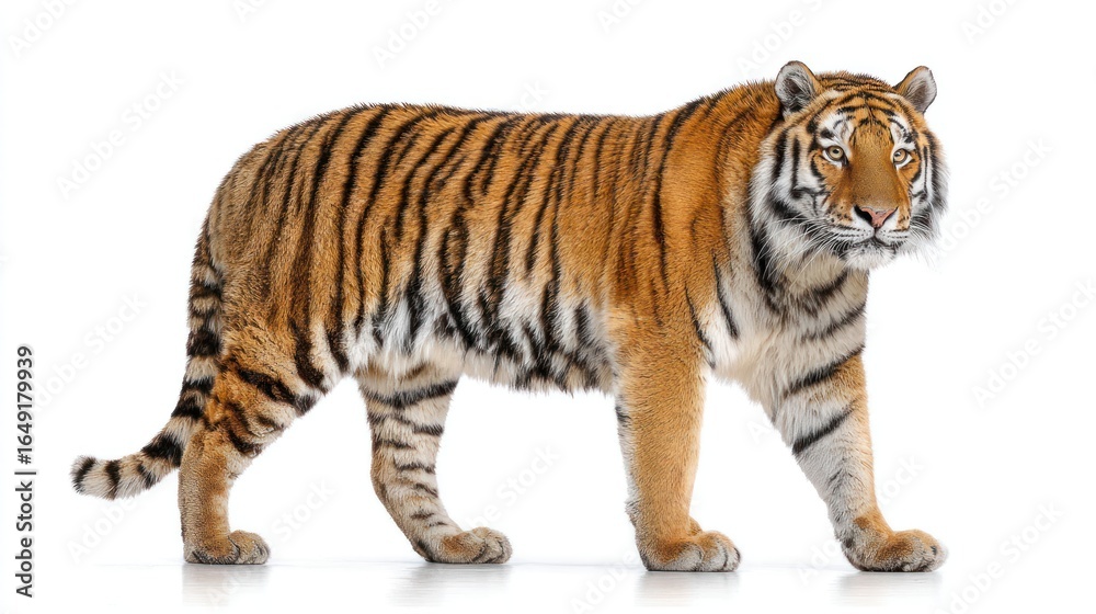Obraz premium Tiger walks, orange fur and black stripes, against a plain white background