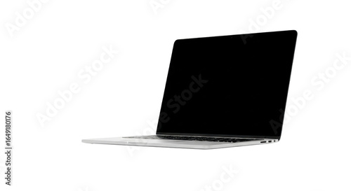 Angled view of a modern laptop computer with a black screen, isolated on white background.