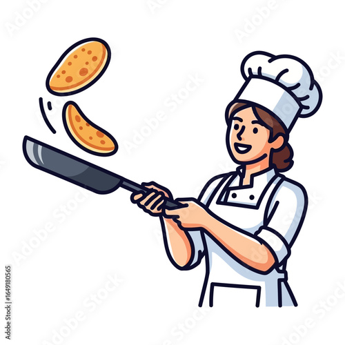 Chef Flipping Pancakes: A cheerful chef, adorned in a pristine apron and toque, playfully flips golden pancakes in a lighthearted culinary demonstration.