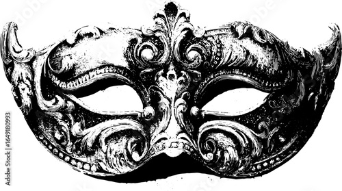 Venetian mask with intricate ornamental details in black and white. Vintage carnival vector illustration with elegant and classic style.