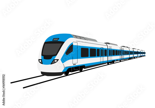 Modern Blue and White Passenger Train on Tracks.
