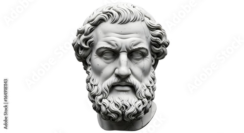 Ancient Greek Philosopher Bust Statue, White Marble Sculpture with Detailed Beard and Hair, Classical Art Isolated on White Background