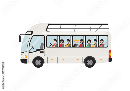 White Bus with Passengers Cartoon Style Illustration.