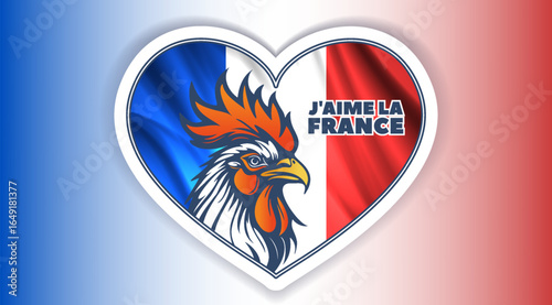Vector sticker or icon. Inscription in French means I love France. Proud important head of rooster and wavy national flag. Bird is symbol of masculinity, fortitude and is always ready to fight