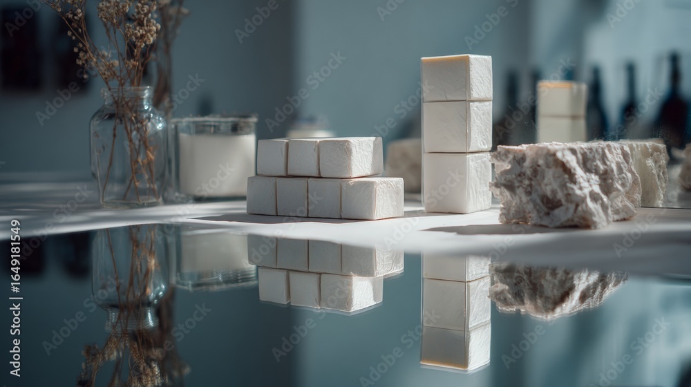 Obraz premium Minimal marble platform display with soft boxes for skincare product branding packaging visual modern presentation