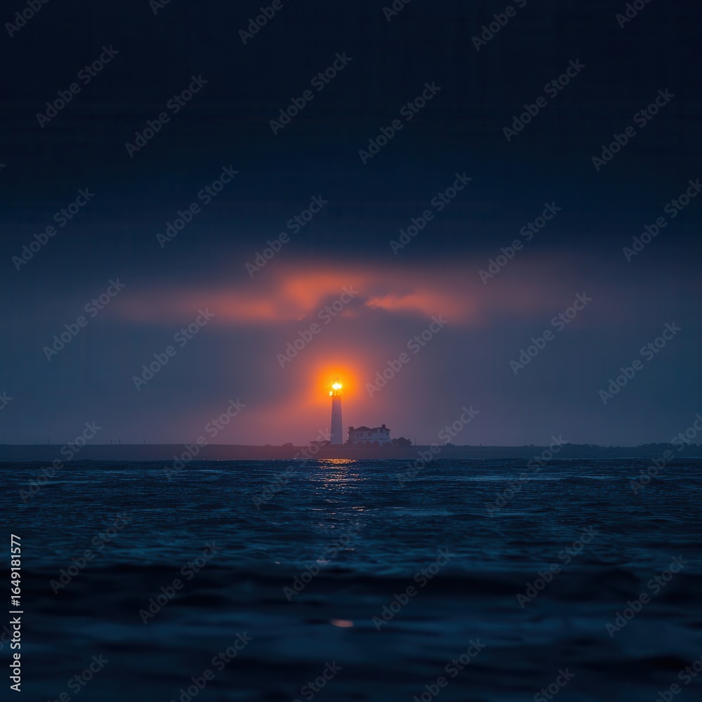 Fototapeta premium Lighthouse beacon shines through a dramatic twilight sky over the water.