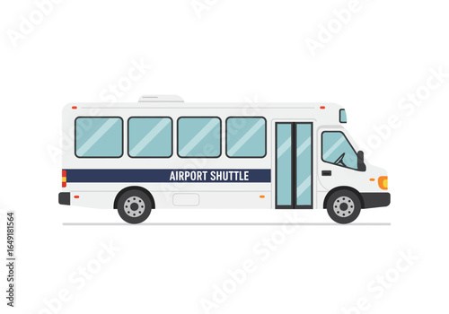 White Airport Shuttle Bus with Blue Stripe and Windows.
