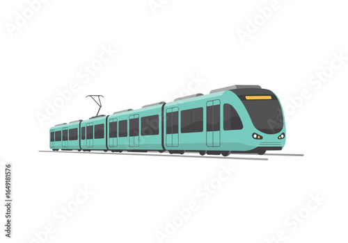 Modern Turquoise Tram with Multiple Cars on Rails.