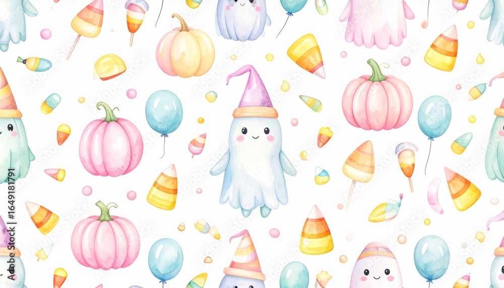 Fototapeta premium Halloween pattern with cute pumpkins, ghosts, and candy corn