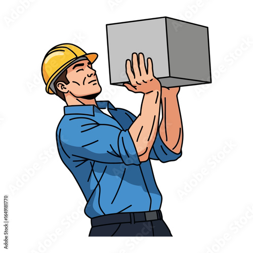 Strong Construction Worker: A determined construction worker, wearing a protective hard hat, strains to lift a heavy concrete block, embodying strength and dedication in his line of work.