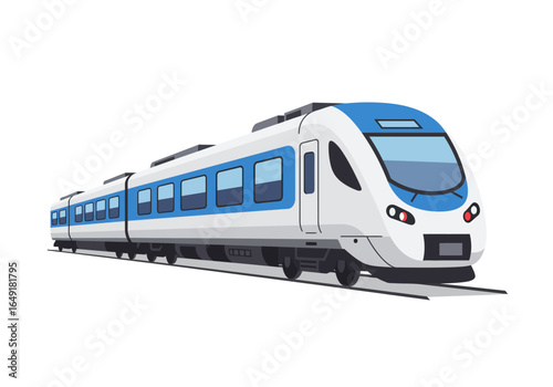 Modern Blue and White Passenger Train on Tracks.