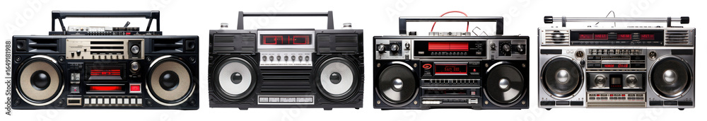 Fototapeta premium PNG Vintage boomboxes in a row, element set on transparent background