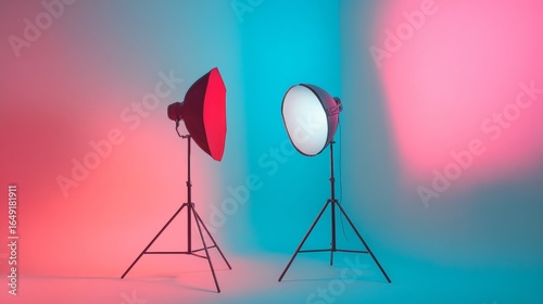 Studio photography lighting setup with red and white lamps on colorful gradient background for fashion shoots