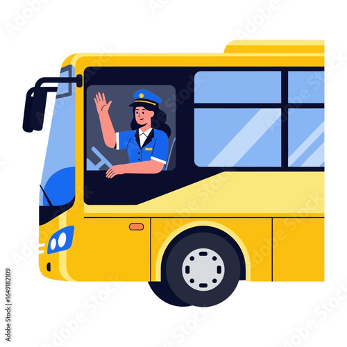 Joyful Journey Begins: A cheerful female bus driver waves hello, inviting passengers aboard a brightly colored bus. The vibrant scene captures the spirit of travel and community.
