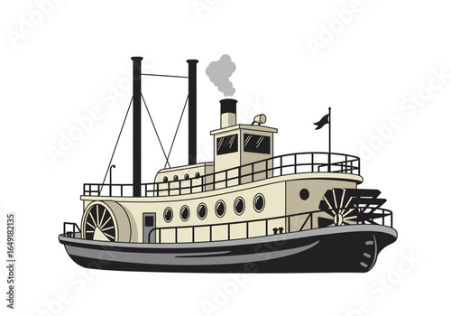 Cartoon Paddle Steamer with Smoke Stack and Paddle Wheels.