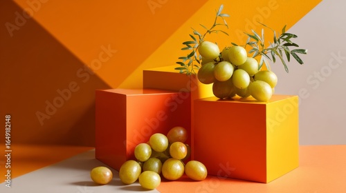 Yellow and orange geometric display with grapes for vibrant food product branding packaging modern photo concept