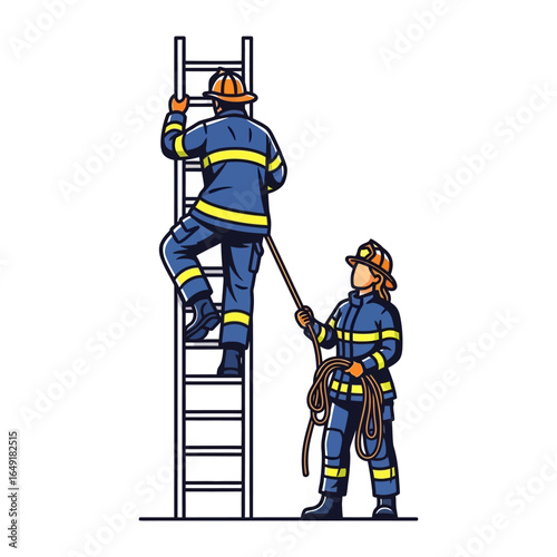 Rescue and Determination: Two firefighters, equipped with protective gear, ascend a ladder to provide crucial assistance, symbolizing courage and collaborative action during an emergency.