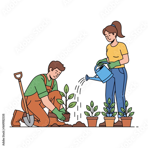 Gardening Couple: A couple working together, planting and watering small potted plants, demonstrating the joys of gardening and cultivation in a minimalist illustration.
