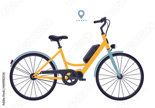 Yellow Electric Bicycle with Battery and Location Icon.