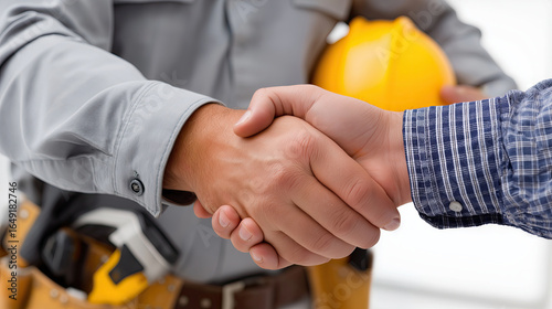 Building trust through handshake between two professionals, one wearing work shirt and holding hard hat, signifies collaboration and agreement