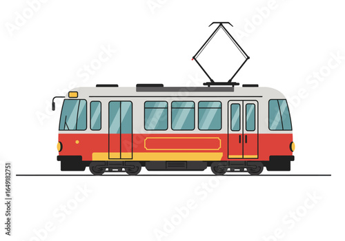 Red and White Tram with Pantograph on Rails.
