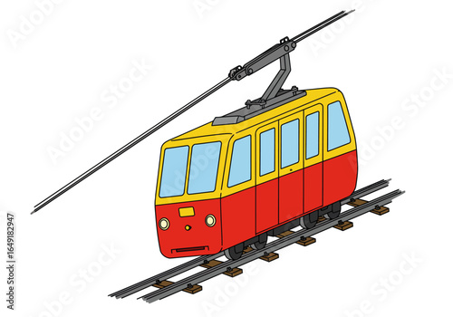 Red and Yellow Funicular Railway Car on Tracks with Overhead Cable.